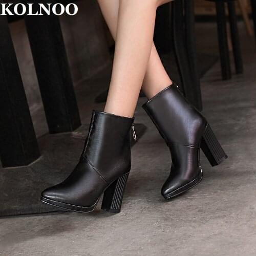 KOLNOO Handmade Ladies Chunky Heels Ankle Boots Short Plush Inside Evening Martin Booties Sexy Evening Fashion Winter Shoes T053
