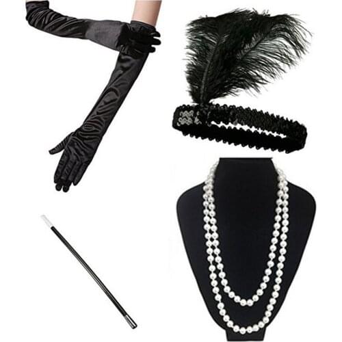 Halloween Women 20S Party 1920s Accessories Headband Necklace Gloves Cigarette Holder Flapper Costume Accessories Set