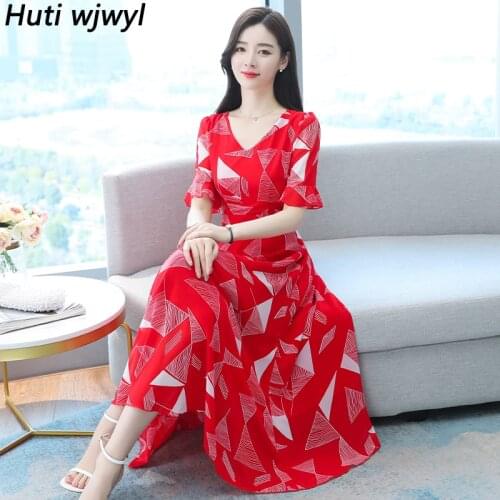 3XL Plus Size Elegant Women Bodycon Party Vestidos 2021 Casual Chiffon Boho Beach Maxi Dresses Summer Red Print Vintage Sundress
