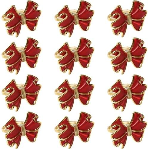 12Pcs Gold Red Bow Napkin Buckle Napkin Ring for Wedding, Dinner Party, Table Decoration
