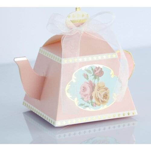 50pcs Teapot Candy Box With Ribbon Gift Cake Candies Packaging Boxes For Wedding Baby Shower Souvenirs Birthday Eventail Mariage