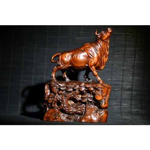 6"China Lucky Old Boxwood Hand-carved Zodiac Ox statue Lucky Bull Prosperous bull market Office Ornaments Town House Exorcism