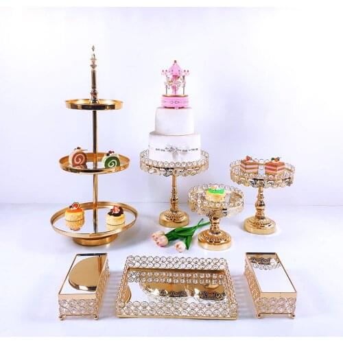 7-9pcs Gold Mirror Metal Cake Stand Round Cupcake Wedding Birthday Party Dessert Pedestal Display Plate Home Decor