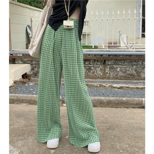 Limiguyue Summer Split Green Plaid Pants Women Fashion Straight Trousers High Waist Draping Thin Wide Leg Pants Jogging K2264
