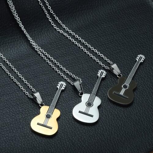Unisex Music Stainless Steel Chain Guitar Pendant Necklace Punk Rock Music Jewelry Necklaces Fashion Women Men Accessories