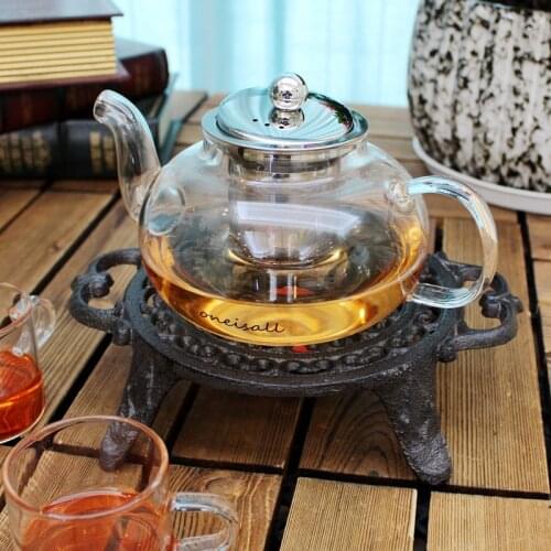 Black Cast Iron Portable Mini Spirit Burner Vintage Home Table Decor Hollow Round Alcohol Stove Teapot Heater With Two Handles
