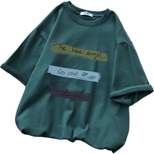 Cotton Women T Shirt Female Short Sleeve Korean Letter Go Out To Play Harajuku White Clothing Summer Loose Tops