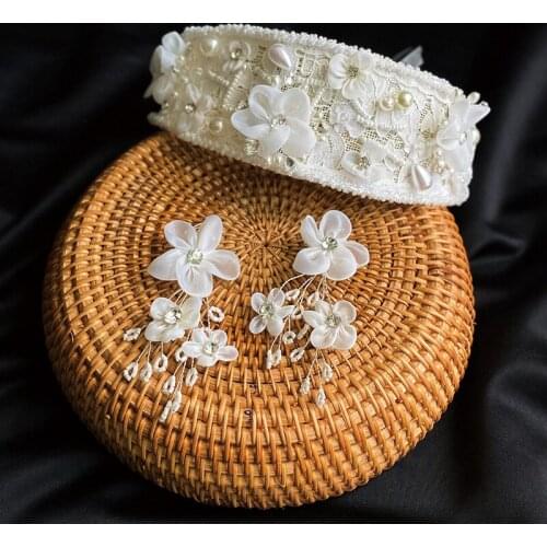 Korean Beautiful lace Beaded Petals Headband New Mori Style Hair Band Set Bridal Wedding hair Accessories