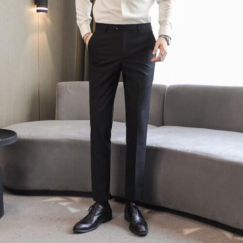 Korean Fashion Mens Suit Pants Business Occupation Slim Fit Dress Office Trousers Straight Black White Full Length Pants