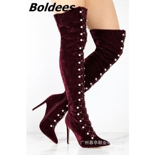 Fancy Soft Velvet Stiletto Heels Thigh High Boots Sexy Women Pearl Cross Strap High Heel Over The Knee Boots Fashion Pointy Shoe