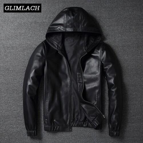Motorcycle Genuine Leather Bomber Jacket Men Pilot Sheepskin Real Leather Jacket Hooded Aviation Flight Slim Male Lambskin Coat