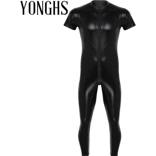 Mens Lingerie Latex Full Bodysuit Stretchy Faux Leather Short Sleeves Zipper Crotch Sexy Full Body Leotard Bodysuit Clubwear