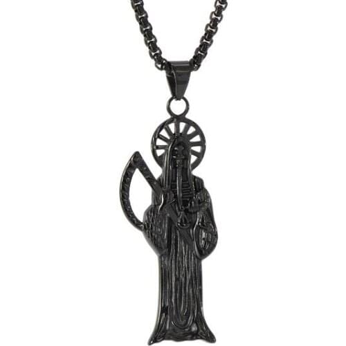 Brand New Holy Saint Death Santa Muerte Mens Pendant Necklace Stainless Steel 3mm24'' rolo chian Jewelry Black tone