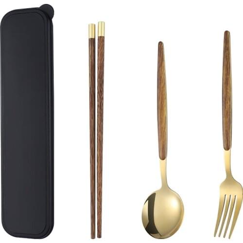 3pcs/Set Tableware Chopsticks Fork Spoon Set Wooden Chopsticks Outdoor Student Portable Stainless Steel Dinnerware Set With Box