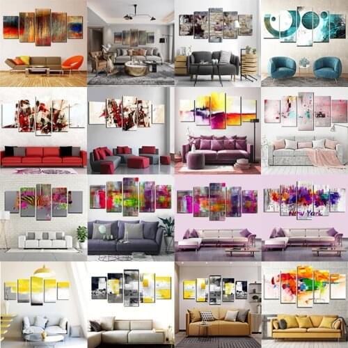 Home Decor Painting 5Pieces Combination Canvas Painting Modern Color Block Abstract Oil Painting For Living Room Bedroom Wall