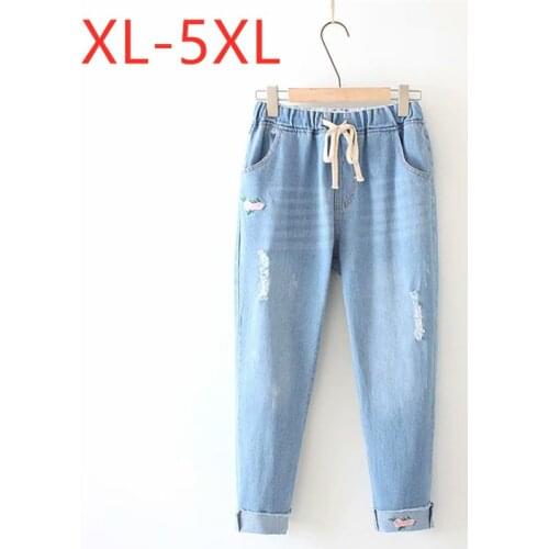 New ladies autumn winter plus size jeans for women large loose cotton blue pocket hole embroidery belt denim pants 3XL 4XL 5XL