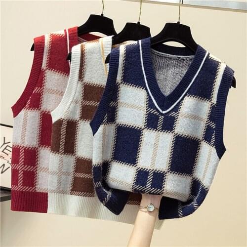 SINGREINY Autumn Retro Plaid Knitted Vest Women Sleeveless V Neck Casual Loose Vest Winter Fashion Korean Streetwear Tank Tops