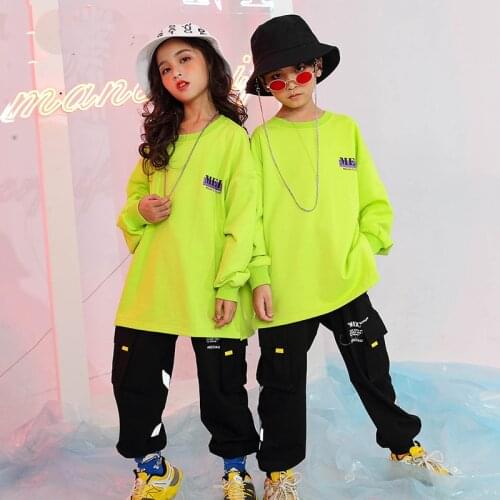 Rave Outfit Hip Hop Dance Clothing Kids Jogger Fluorescent Green Jazz Dance Costume Street Dancewear Performance Costume
