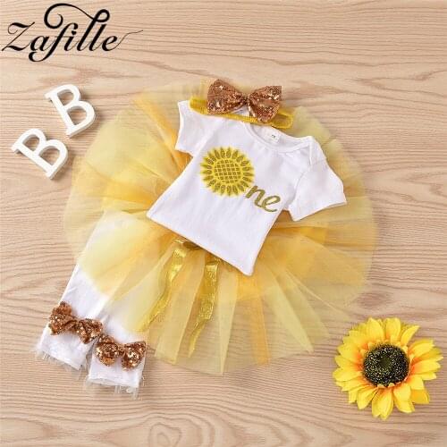 ZAFILLE Baby Birthday Outfits Summer Sunflower Printed Baby Girl Skirts Set My First Birthday Clothes 4pcs Baby Girl Suit