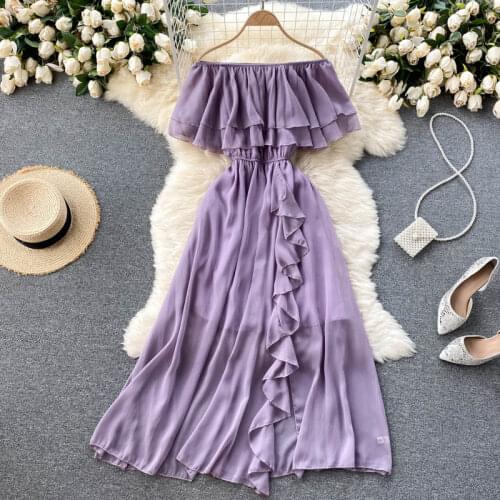 Womens Spring Summer Runway Fashion Elastic Slash Neck Chiffon Dress Female High Waist ChicTravel Beach Party Dress TB1916