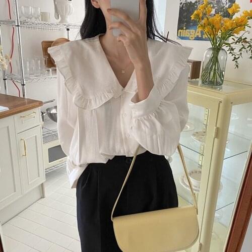 QOERLIN Women Chic New Turn-Down Collar Shirts Solid Sweet Retro French Gentle Long Sleeve Elegance Loose Blouse Female Tops