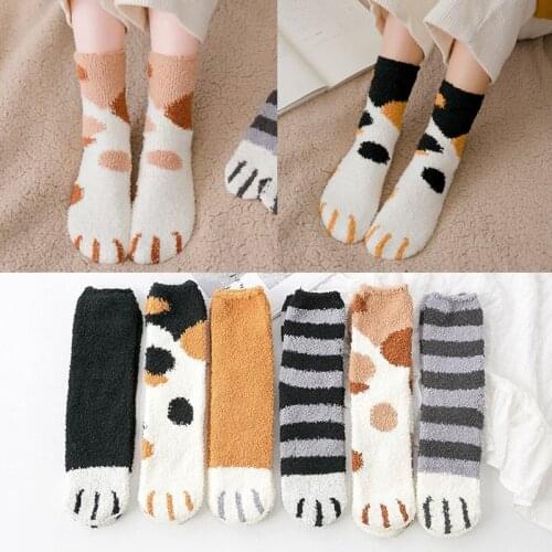 Womens Plush Coral Fleece Floor Socks Winter Thick Warm Cat Claw Female Sock ladies Girls Warm Floor Sox Kawaii Cute Cotton Hot