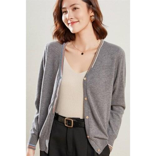 Spring Autumn New Color Bar Single-Breasted Sweater Short Women 100% Pure Wool Cardigan Loose V-Neck Sweater Knitted Jacket Top
