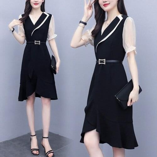 Champagne Dress Women 2020 Spring Summer V-neck High Waist Ruffled Fish Tail Temperament Short-sleeved Black Dresses Mujer Z931