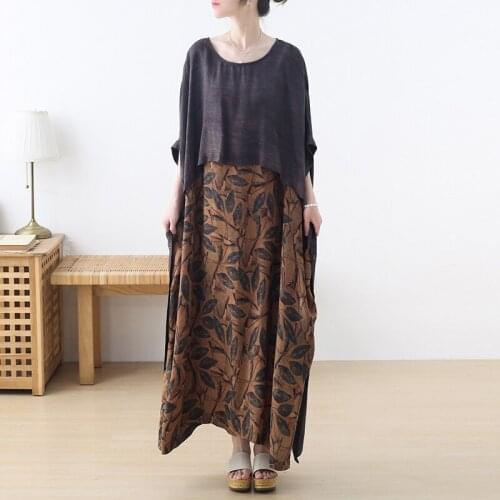 Johnature Women Vintage Print Floral Dress Silk O-Neck Three Quarter Sleeve Fake Two Pieces Dress 2021 Summer New Loose Dresses