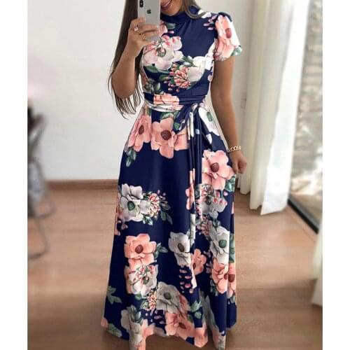 2021 New Summer Lady Flower Print Long Sleeve Maxi Dress Casual Slim Sashes Long Dress Women Elegant Robe Party Dresses Vestidos