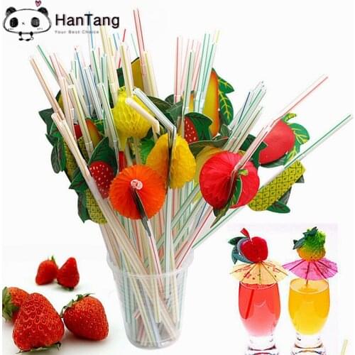 50pcs Disposable 3D Fruit Flexible Plastic Drinking Straws Kids Birthday Wedding Party Decoration Mixed Color 6Z-SH913-50