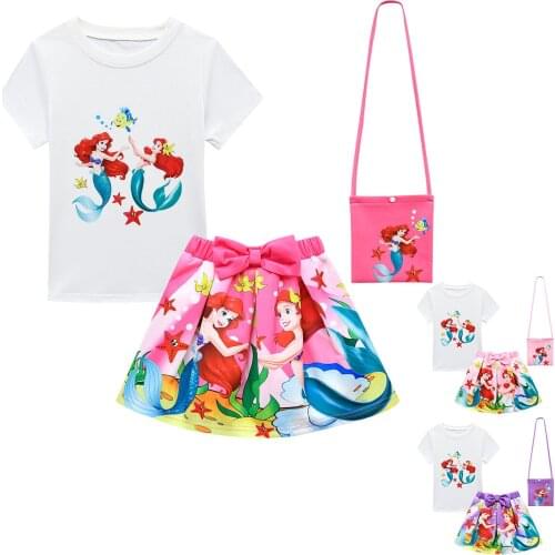 Disney Mermaid Cartoon Printing Childrens Girls Skirt Suit T-shirt Short Sleeve Skirt Bag Mermaid Three-Piece Set