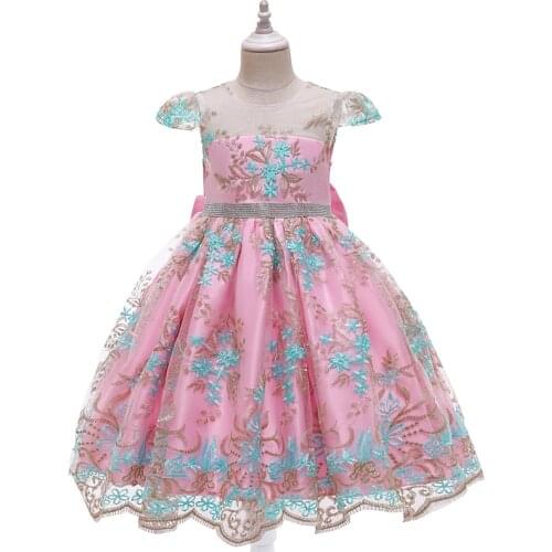 Childrens Princess Dress Girl Wedding Flower Girls Dress Elegant Party Lace Sequins Baby Girl Birthday Bowknot Formal Dress