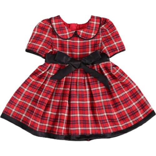 2021 Kids Baby Girls Big Bow Princess Dress Infant Red Plaid Puff Sleeve Peter pan Collar Dress Girl Ball Gown Xmas Party