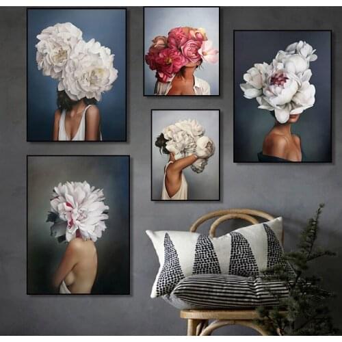 Modern Woman Art with Flowers Above Head Canvas Painting Posters Prints Cuadros Wall Art for Living Room Home Decor (No Frame)