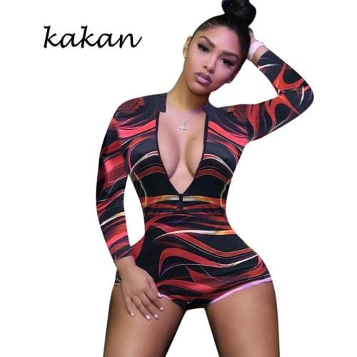 Kakan new print sexy tight jumpsuit sexy nightclub zipper short jumpsuit club party jumpsuit no belt