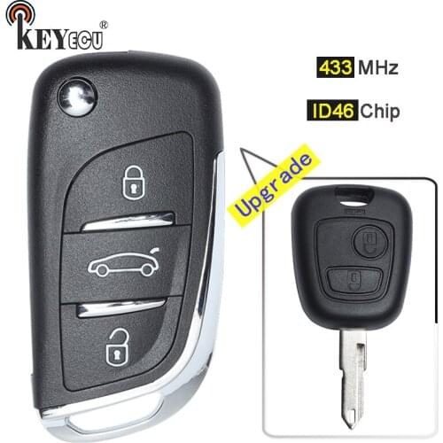 KEYECU 433MHz ID46 Chip Modified Flip Folding Remote Car Key Fob 3 Button for Peugeot 206 207