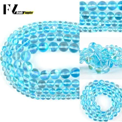 A+ Natural Lake Blue Austrian Crystal Stone Beads Round Glitter MoonStone Beads For Jewelry Making Diy Bracelet Necklace Charm