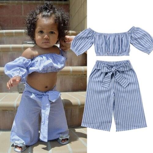 Hot Fashion For 1-6Y Baby Kids Girls Off-shoulder Tops T-shirt Loose Stripe Bowknot Pants Outfits Set 2PCS Casual Holiday