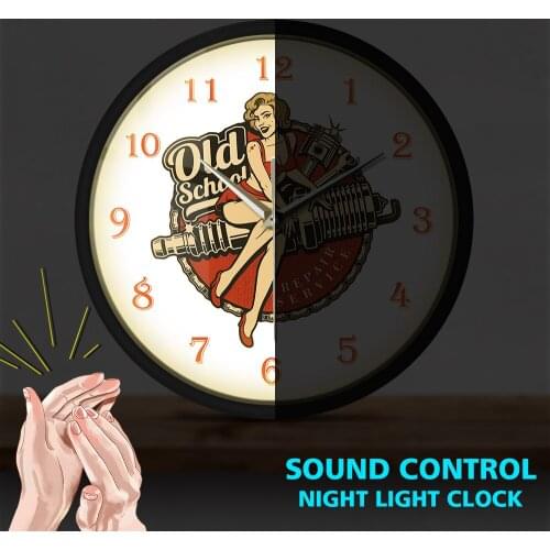 Mechanic Man Cave Watch Spark Plug Pin Up Girl Sound Activated Wall Clock Garage Retro Old School Car Repair Service Led