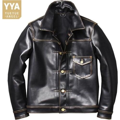Mens Oil Wax Horsehide Genuine Leather Jacket Vintage Turn-Down Collar Pilot Coat Classic Fashion Black Motorcycle Biker Jackets