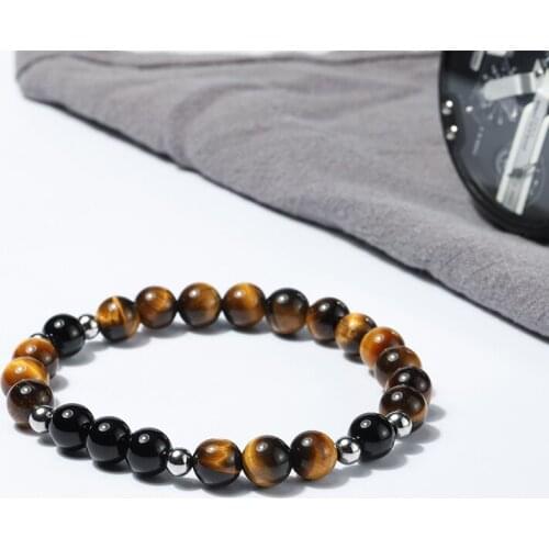 Wholesale Fashion natural tiger eye stone and black onyx men Bracelets stainless steel beads bracelet 50pcs/lot+free shipping