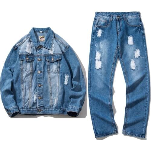 Mens Matching Set New Fashion Hole Blue Denim Jackets+Denim Pants Sportswear Two Pieces Sets Tracksuit For Men Fitness Clothing