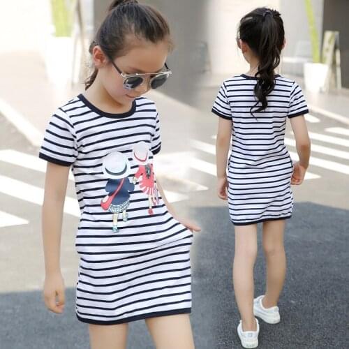 2019 New children clothes big girls stripe dresses casual summer princess hot dresses cartoon short sleeve clothing