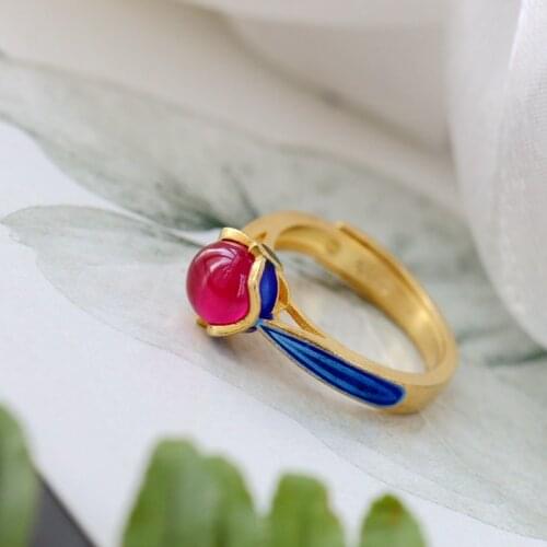 Authentic 925 Sterling Silver Rings Inlaid Artificial Ruby Opening Adjustable Ring Charm Cloisonne National Style Jewelry Gift