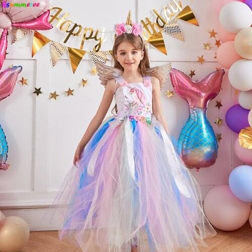 Pastel Rainbow Unicorn Girls Fancy Dress for Birthday Party Halloween Tutu Costumes Kids Tulle Robe Princess Pageant Ball Gown