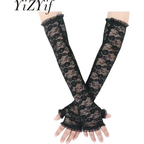 Sexy Lace Long Gloves Womens Elegant Half Finger Hollow Out Lace Floral Long Fingerless Gloves for UV Protection Sun Protection