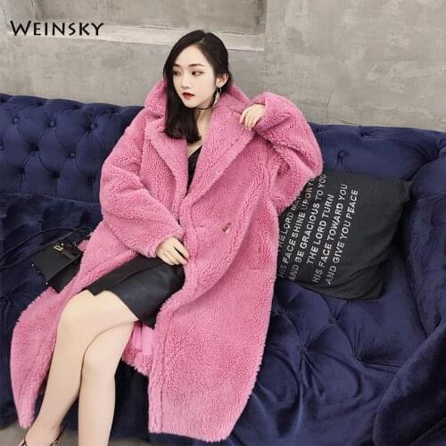 Casual Style Winter Warm Women Faux Fur Thick Long Teddy Bear Coat 2021 Fashion Female Pink Overcoat