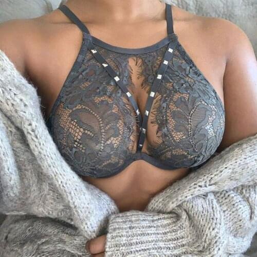 Transparent Halter Exotic Tanks Porno Cropped Rivet Bralette Womens Bra Hollow Lace Sexy Lingerie Sexy Underwear Push Up Bras