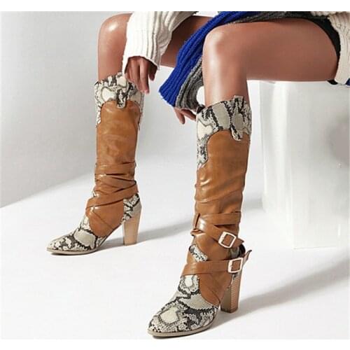 PXELENA Slouch Pleated Women Western Cowboy Mid Calf Boots Winter Shoes Chunky Block High Heels Motorcycle Military Buckle Cross